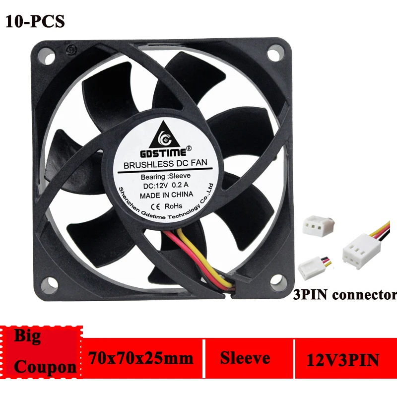 

10PCS Gdstime Computer Cooler Fan 7cm/70mm/70x70x25mm 12V DC 3Pin Computer/PC/CPU Cooling Fan with FG Features