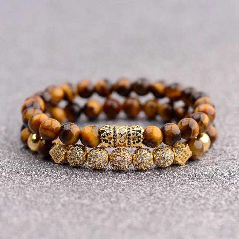 

Luxury Tiger Eye Stone Men Bracelet Homme Classic Gold Color Zircon CZ Ball Beaded Bracelets Women Bracelet Set