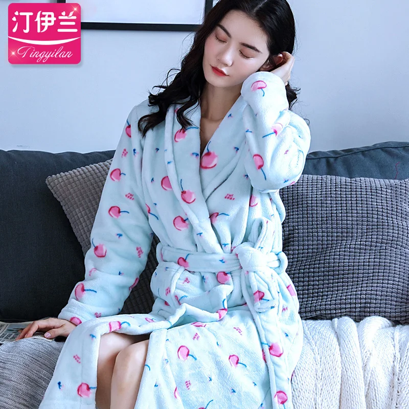 H5922 Flannel Women Robes Autumn Winter Cherry Print Nightgown Female Thickened Coral Velvet Nightwear Student Girls Bathrobe