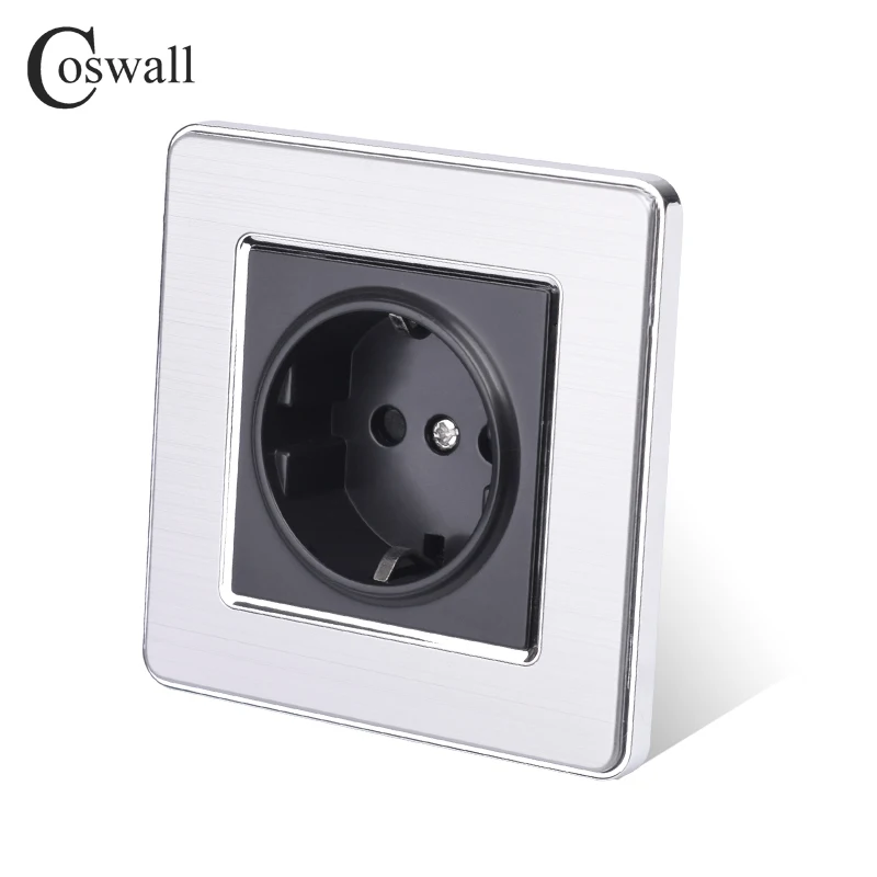 Coswall 16A EU Standard Wall Socket Luxury Power Outlet Stainless Steel Brushed Panel Grounded With Children Protective Door