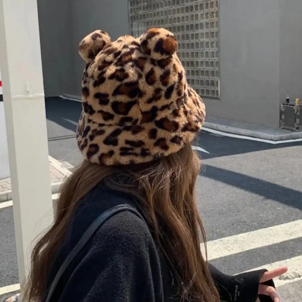 Fashion Autumn Winter Leopard Fur Bucket Hat Bear Ear Ball Plush Fisherman Hat Soft Warm Thick Basin Hat Bucket Hats