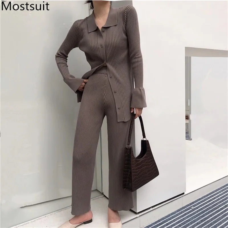 Korean Knitted Two Piece Pants Set Women Single-breasted Tops + Wide Leg Pants Outfits Solid Fashion Vintage Ladies Pant Sets