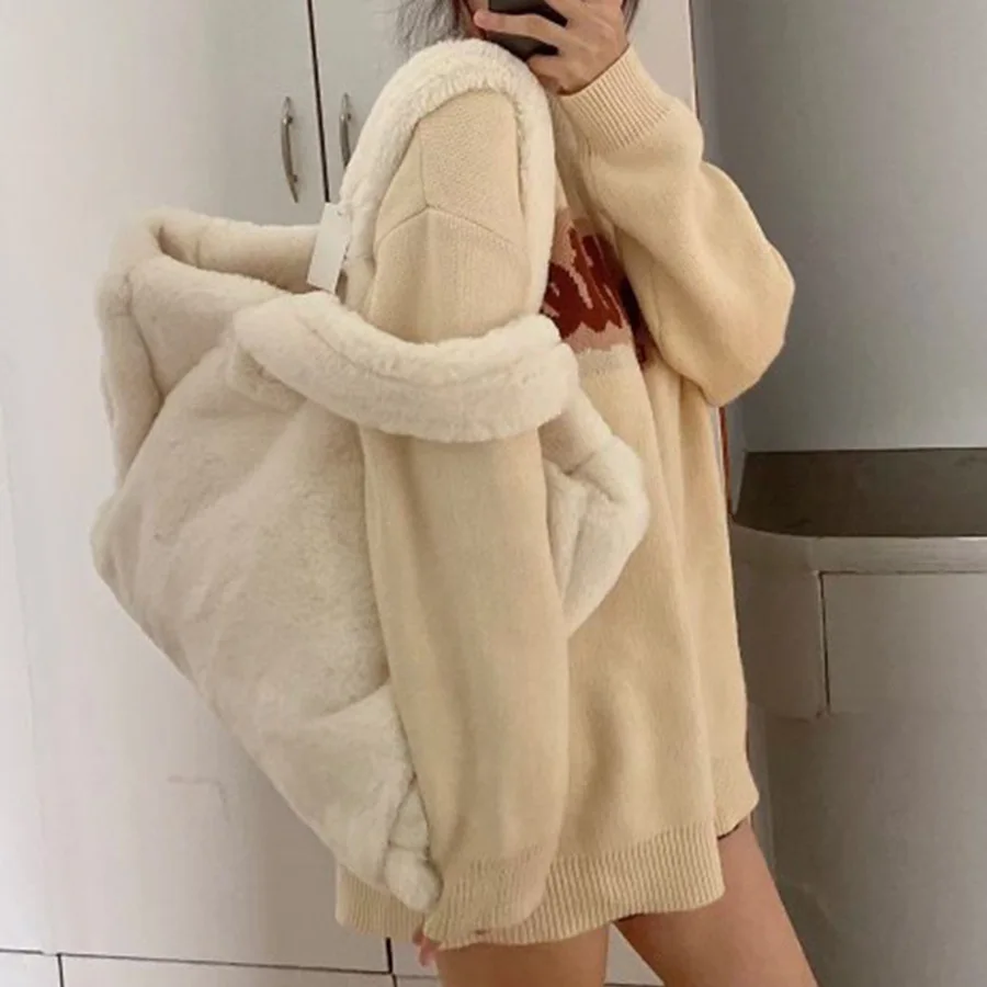 Luxury Faux Fur Large Capacity Tote Wome Shoulder Bags Soft Fluffy Plush Lady Handbags Big Shopper Purses Warm Winter Sac 2022