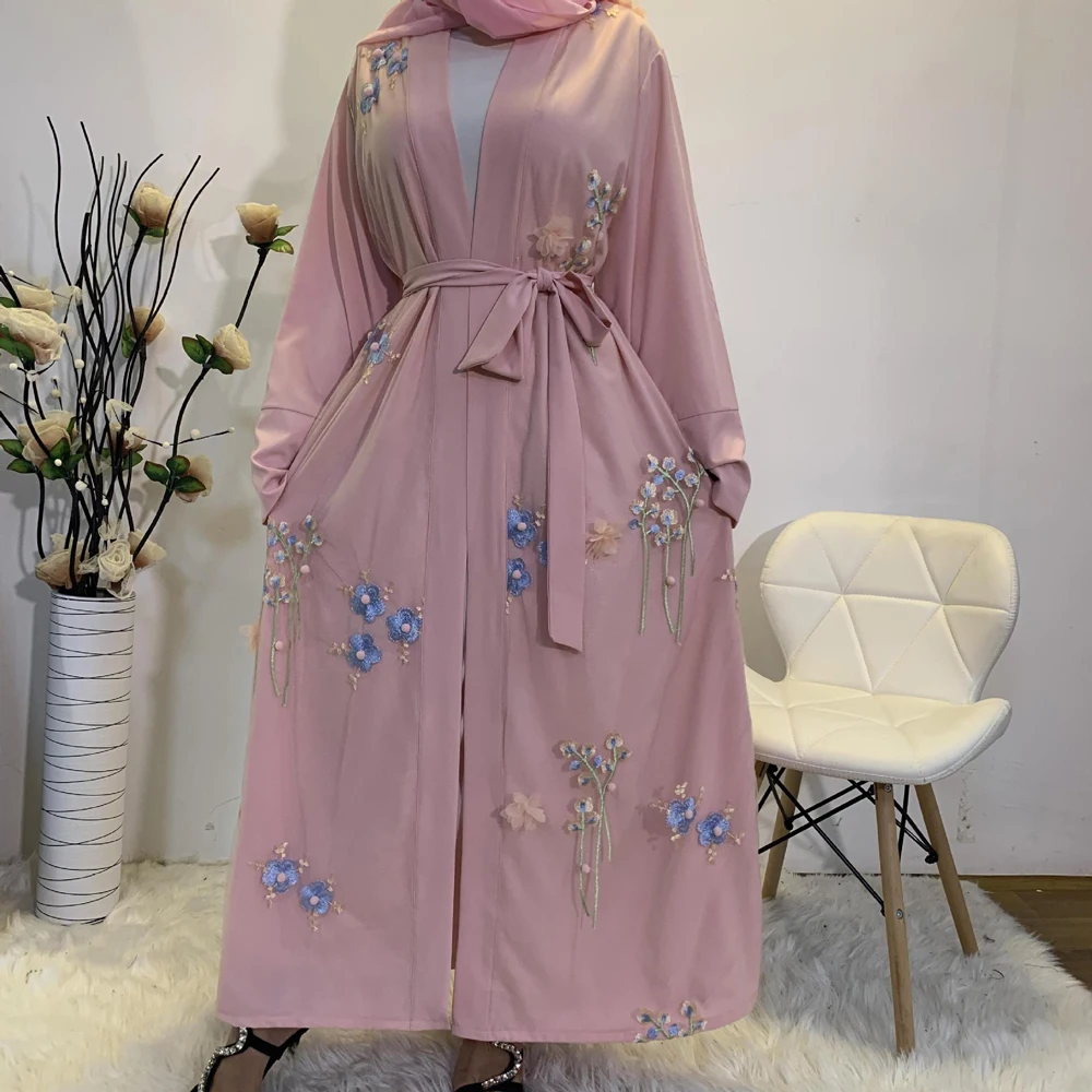 3D Flower Muslim Embroidery Abaya Women Arab Robe Dubai Open Kimono Long Sleeve Kaftan Elegant Luxury Maxi Robe Party Dubai