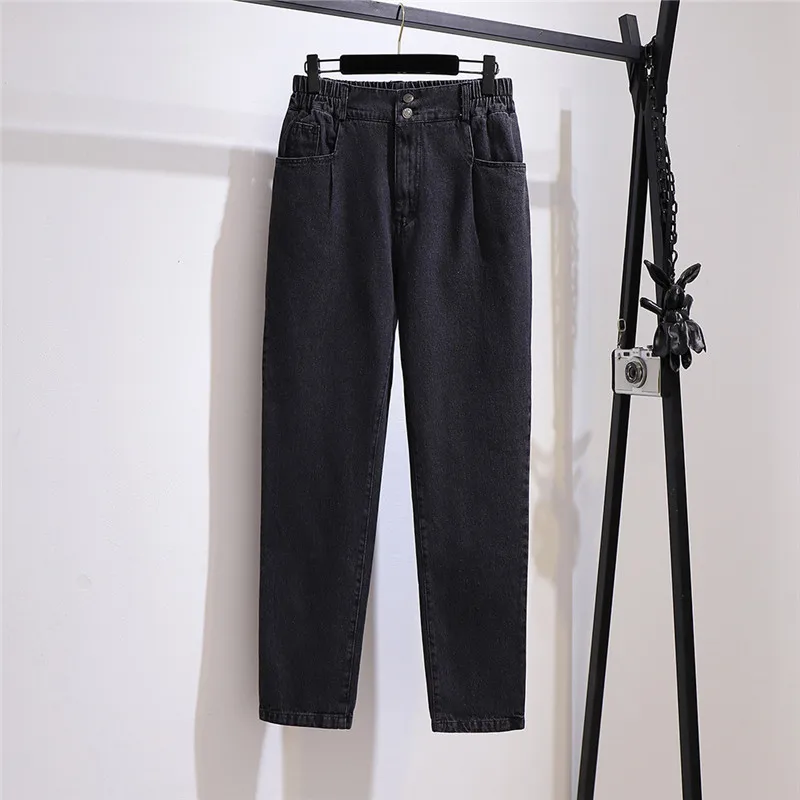 Extra Large Size XXL-6XL Straight Jeans Women Spring Autumn Oversized Black Blue Denim Slacks Elastic Waist Casual Trousers