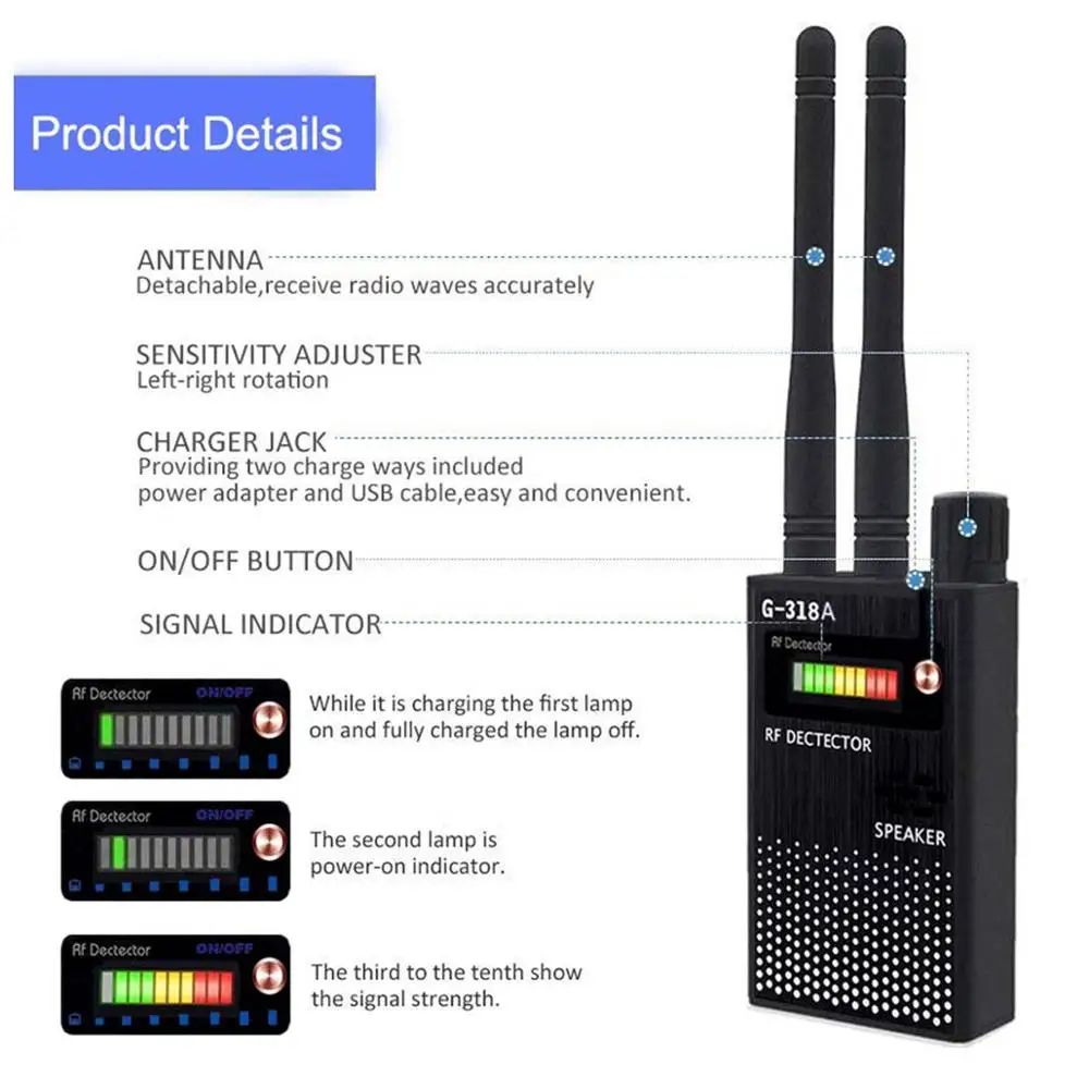 Proker Dual antenna Anti-Spy GPS Wireless Signal Automatic Detector Finder racker Frequency Scan Sweeper Protect Security G318A