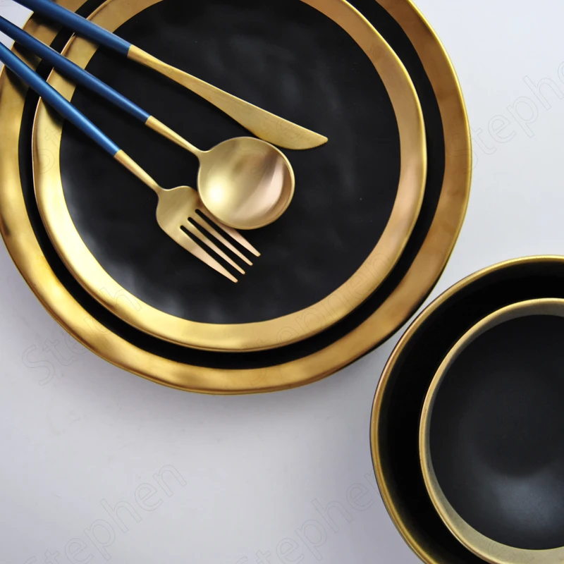 Black Gold Ceramic Plates and Bowls Nordic Modern Golden Stroke Steak Steak Dishes Tableware Afternoon Tea Cake Dessert Plate