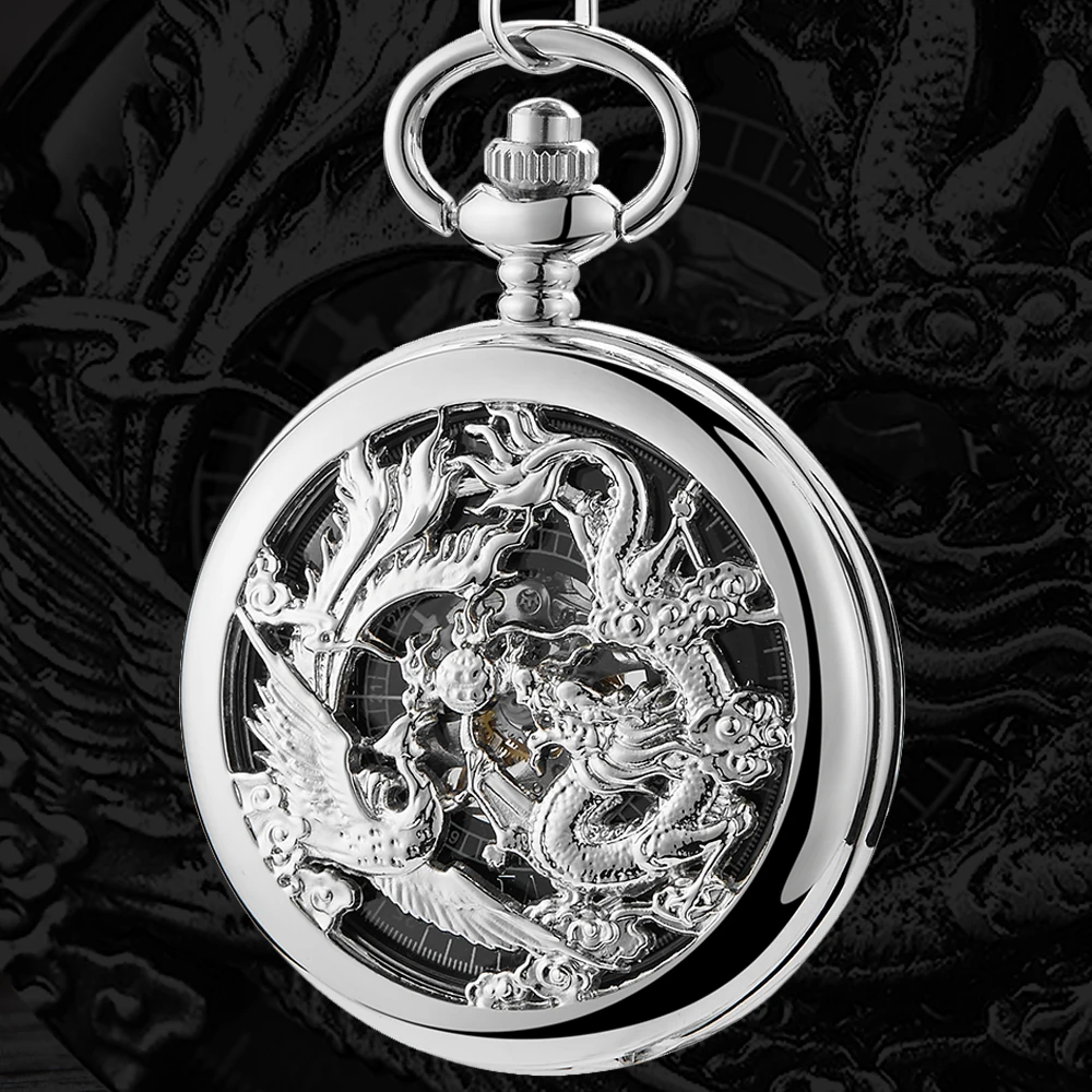 

Retro Dragon and Phoenix Pocket Watch Hollow Sculpture Steampunk Hand Winding Pocket Watch With FOB Chain Pendants Unisex Gifts