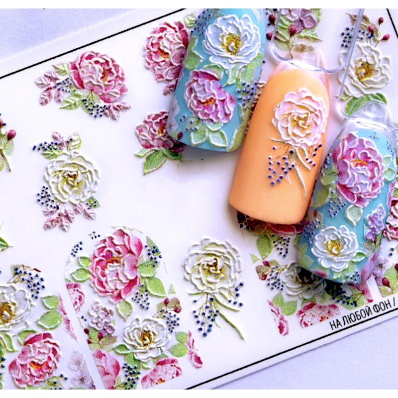 3D New Acrylic Engraved Nail Sticker Pink Flower Green Leaves Water Decals Empaistic Nail Water Slide Decals Z0303