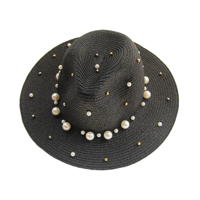 New Spring Summer Hats For Women Flower Beads Wide Brimmed Jazz Panama Hat Sun Visor Beach Hat Flower Pearl rivet Straw Hat