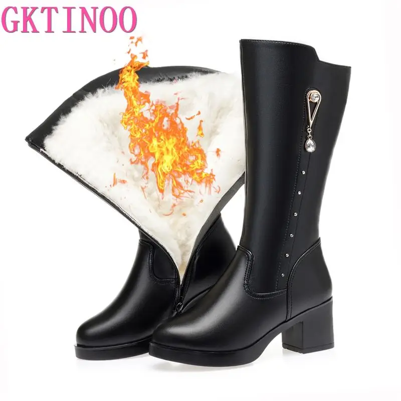 GKTINOO 2024 New Winter Genuine Leather Women Long Boots Wool Wram Waterproof Snow Boots Women High heel Women's Boots