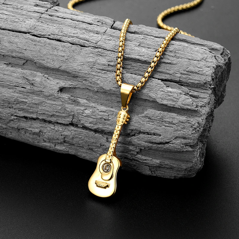 Punk Guitar Shape pendant necklace Stainless Steel Men or Women Necklaces Jewelry Hiphop Rock Slide Music Element sweater Chains