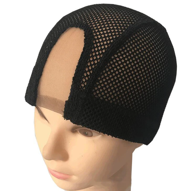 Gorro de Peluca de encaje suizo en forma de U, malla grande negra, gorro para hacer peluca, banda elástica alrededor, 1 unidad