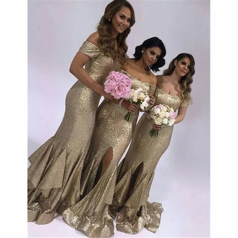 Personalizado champanhe ouro fora do ombro vestidos de dama de honra longo com lantejoulas frente fenda vestido de festa sereia vestido de dama de honra