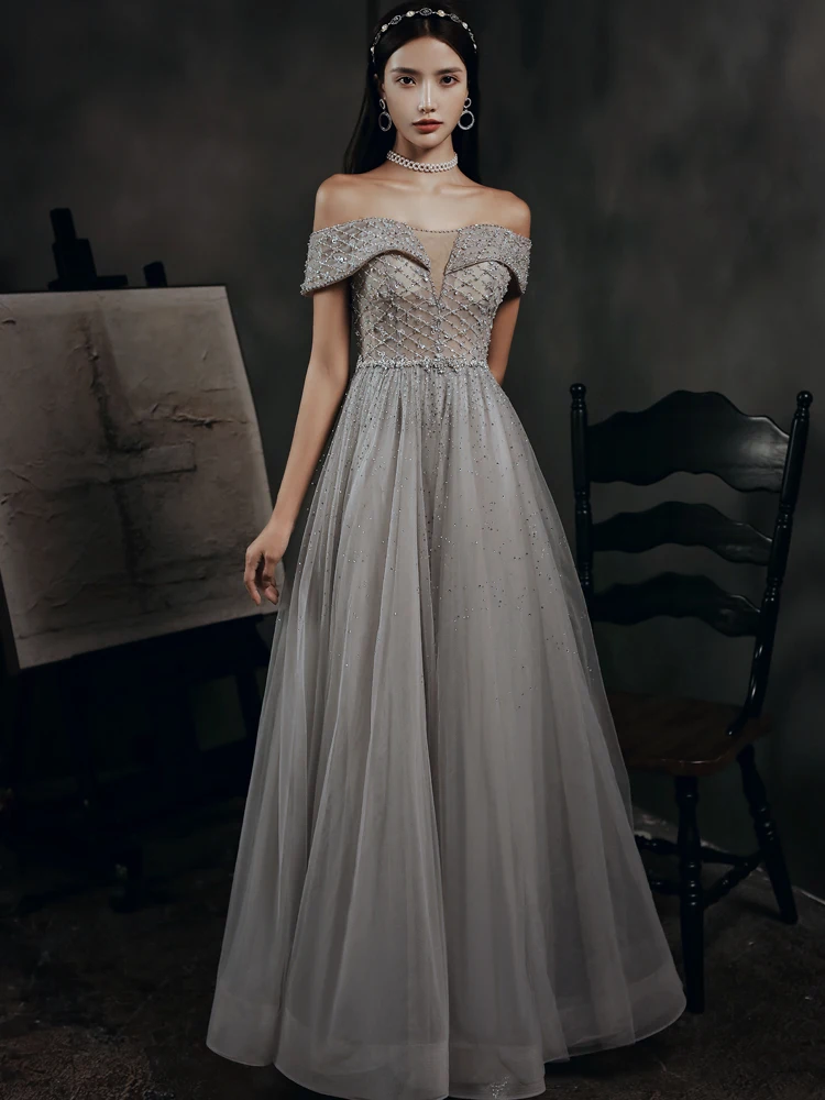 Beading Prom Dresses Long 2020 V Neck Light Gray High Split Tulle Sleeveless Evening Gown A-Line Backless Vestido De