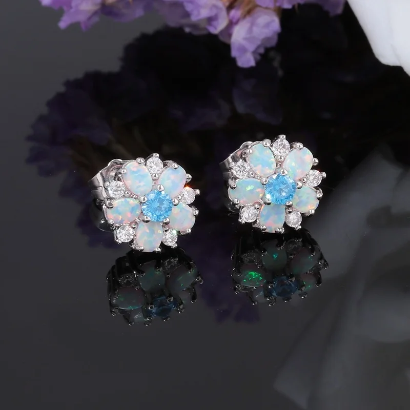 CiNily Multcolor Fire Opal Stud Earrings With Zircon 925 Sterling Silver  For Women Party Jewelry Large Hoop Flower Earrings