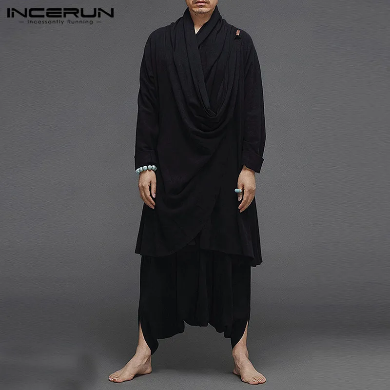 Men Vintage Sets INCERUN Long Sleeve Solid Color Irregular Cloak Blouse Elastic Pants 2 Pieces Men Cotton Suits Streetwear 5XL 7