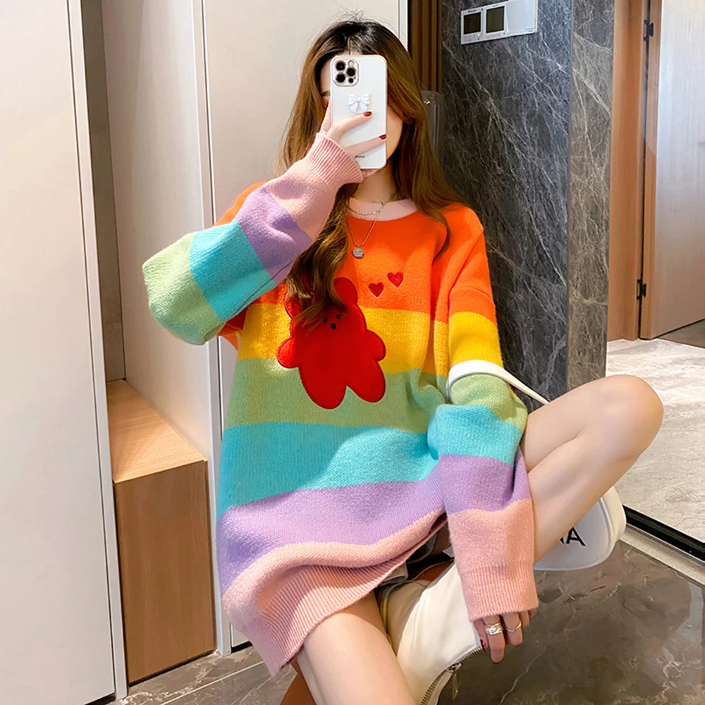 Rainbow Stripes Print Bear Sweater Women Hip Hop O-neck Knitted Pullover Jumper Streetwear Loose Knitwear Sweaters 2022