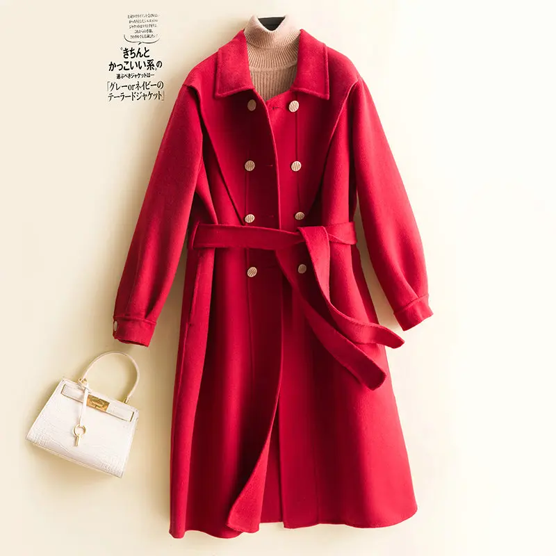 MODERN NEW SAGA 100% Wool Women Long Coat Autumn Warm Woolen Coat Winter Wool Blend Long Jacket Overcoat With Belt Parka Women