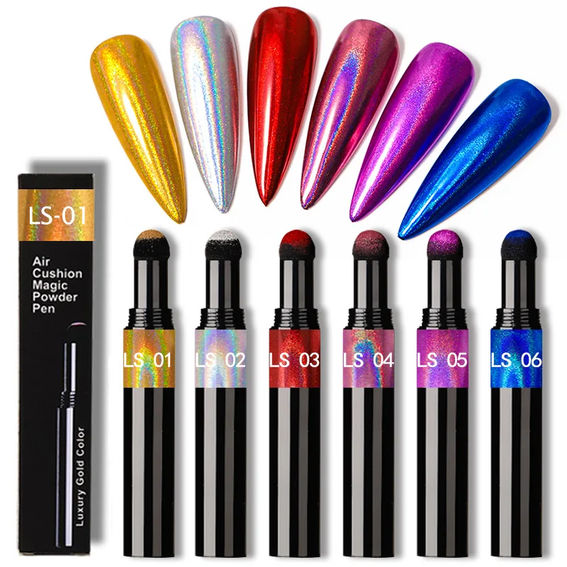 Nail Art Glitter Magic Mirror Pen Holographic Metal Powder Nail Chalk Air Cushion Aurora Glitter Cushion Pen Tool