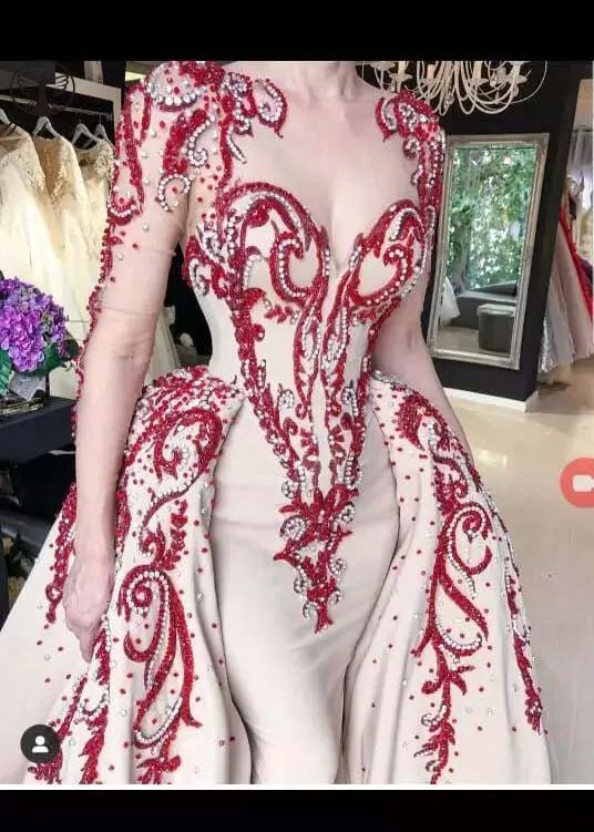 YSF Индивидуальное Vestidos De Fiesta Иллюзия с круглым вырезом и бисером Вечернее платье русалки с длинными рукавами и верхней юбкой