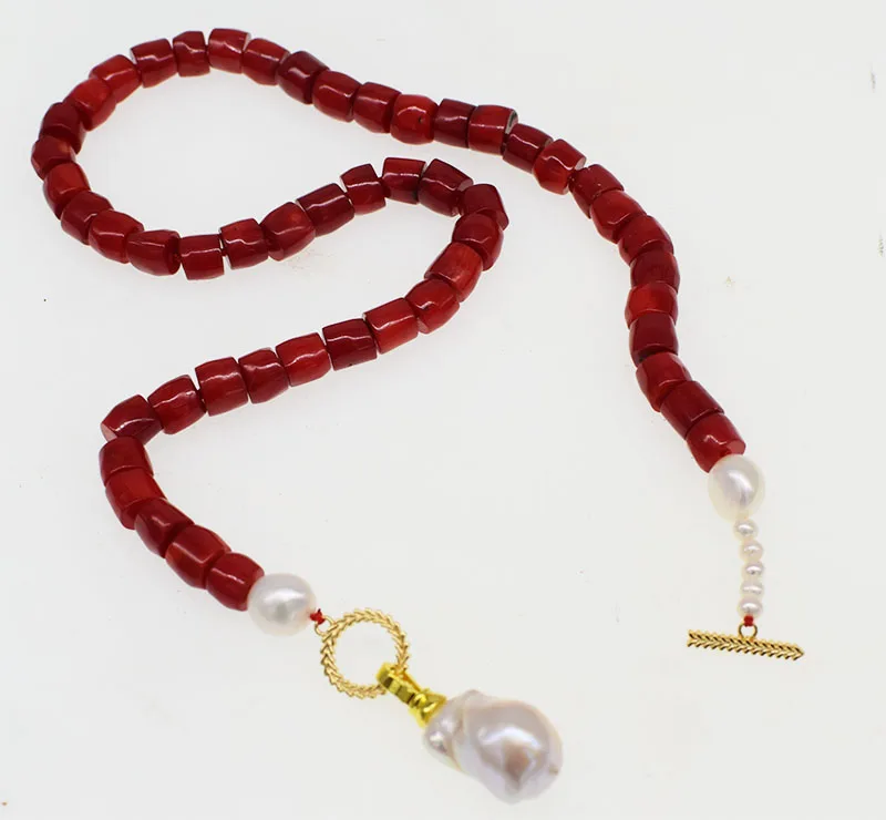 RED CORAL ROUNDELLE  + white reborn keshi drop baroque pendant necklace freshwater pearl FPPJ