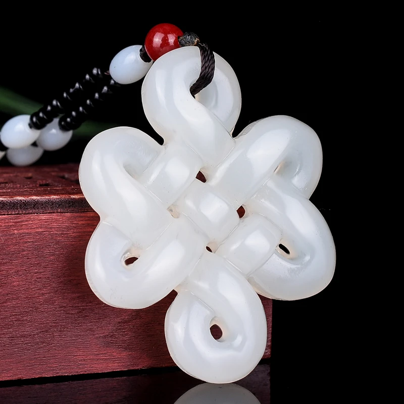 New Chinese Knot Pendant Beads Necklace Charm Jewelry Doublesided Hollow Carved Amulet Natural Green White Jade