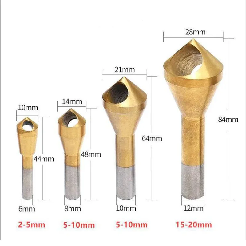 4Pcs Titanium Coated Countersink Chamfer Tool Deburring Tool Set Metal Wood Drill Bits Expanding Chamfering Tools