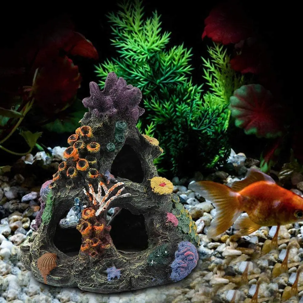 Coral Reef Aquarium Decoration Fish Tank Resin Rock Mountain Cave Ornaments Fish House for Betta Sleep Rest Hide Play Breed