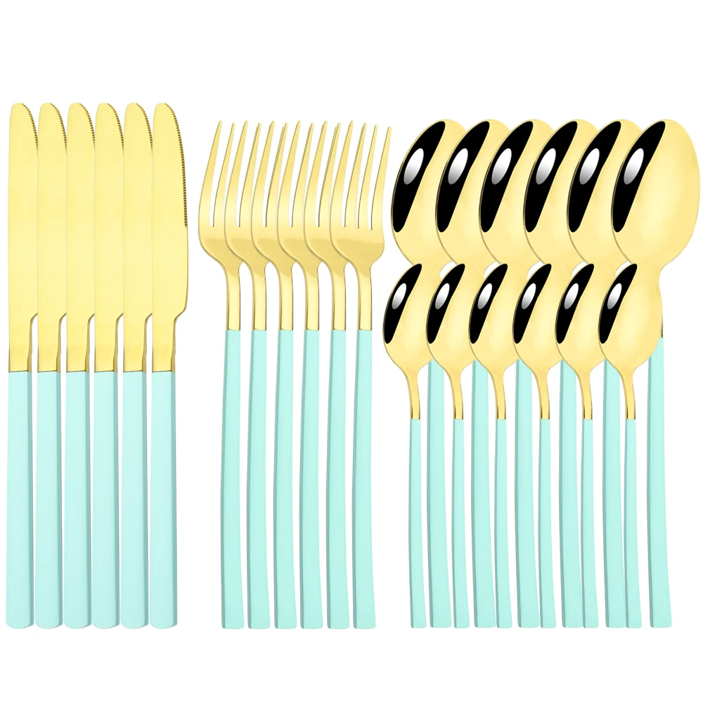 

24 Pcs Mint Gold Dinnerware Set Stainless Steel Cutlery Set for 6 Tableware Cutlery Forks Spoons Knives Dishwasher Safe Kitchen