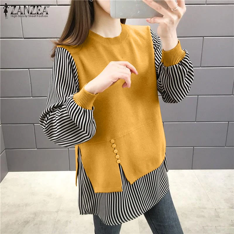 ZANZEA Fashion Long Sleeve Fake Two Pieces Tops Autumn Casual Striped Shirt Women Patchwork Blouse Loose Work Blusas Chemise