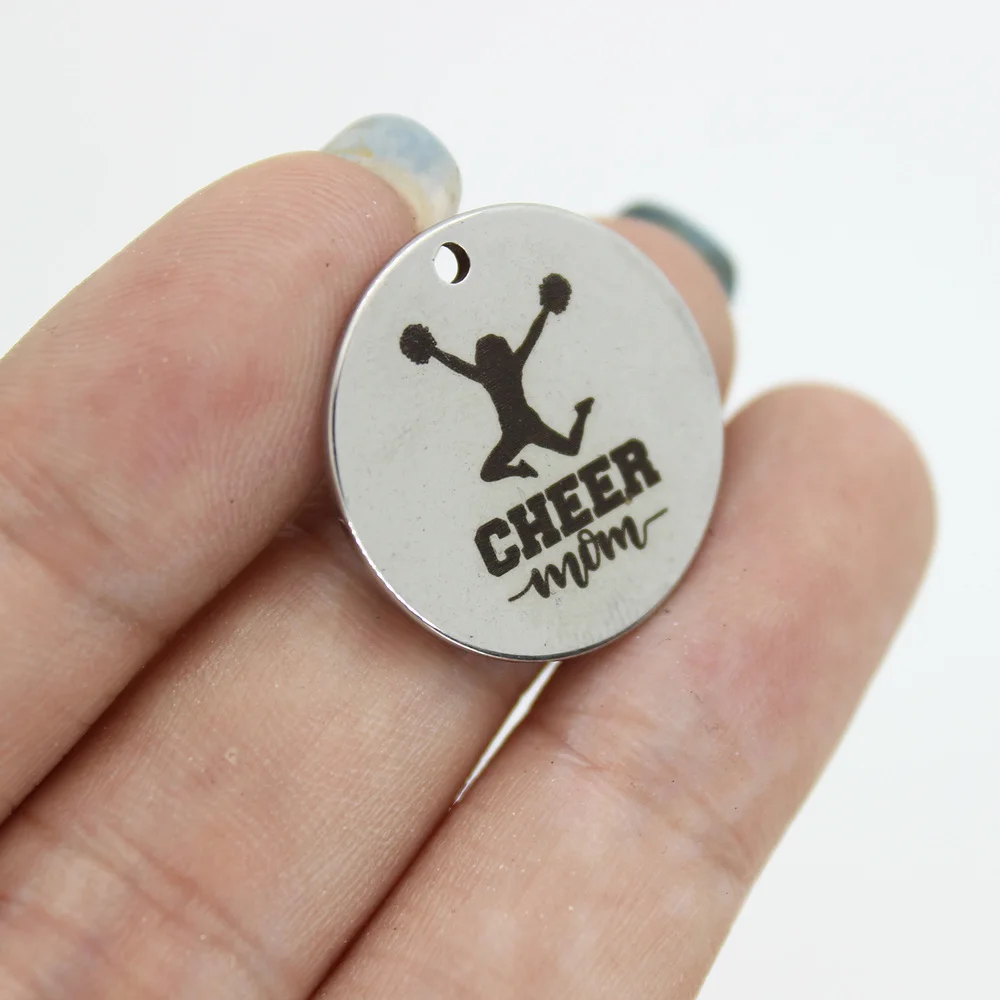 8Pcs/Lot-- 22mm Cheer Mom Stainless Steel Laser Engraved Disc Message Charm Pendant