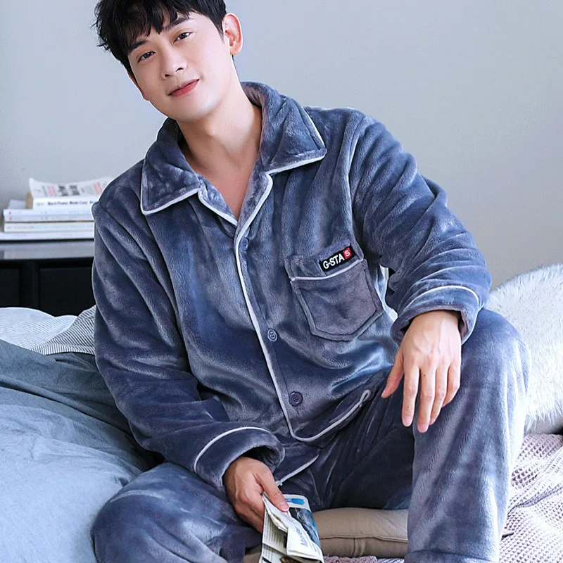 

H5897 Men Pajamas Set Thicken Coral Fleece Young Sleepwear Male Flannel Long Sleeve Plus Size Autumn Winter Luxury Nightwear