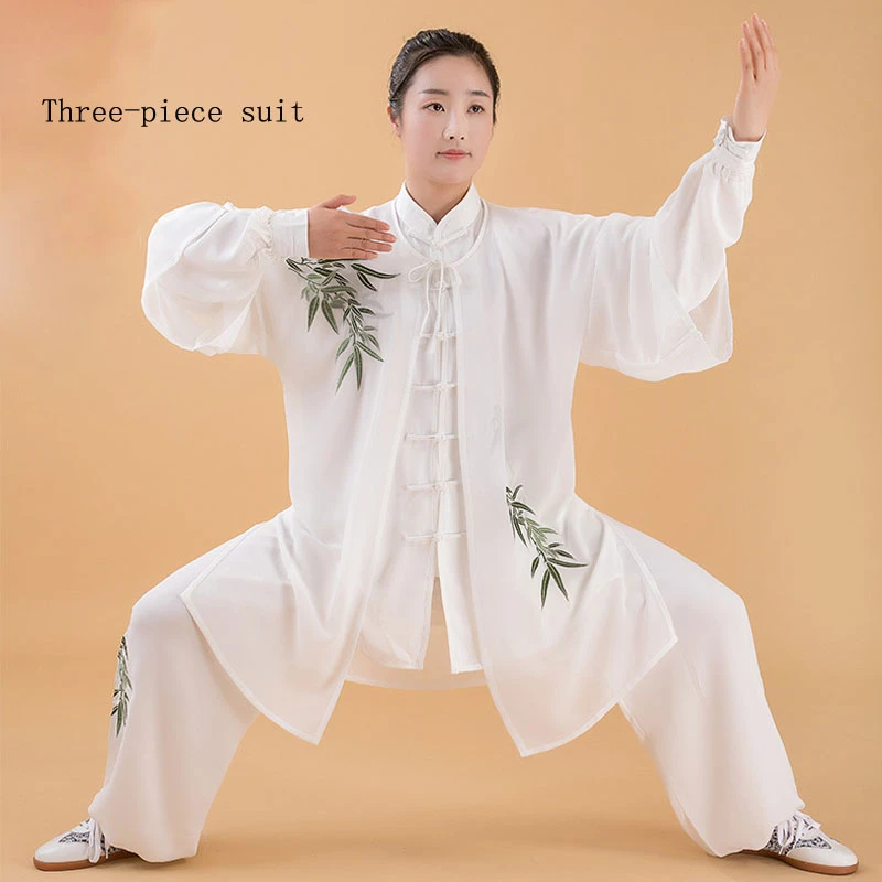 Tradicional chinês Tai Chi Set, Uniforme para a Prática Clássica Kungfu, Performance Bamboo, Bordado de Ameixa Fivela, Wushu, Unisex, 2pcs