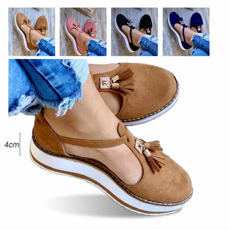 KAMUCC New Women Summer Sandals Fashion Buckle Strap Solid Fringe Cover Heel Flat Platform Heel Casual Ladies Plus Size Sandals