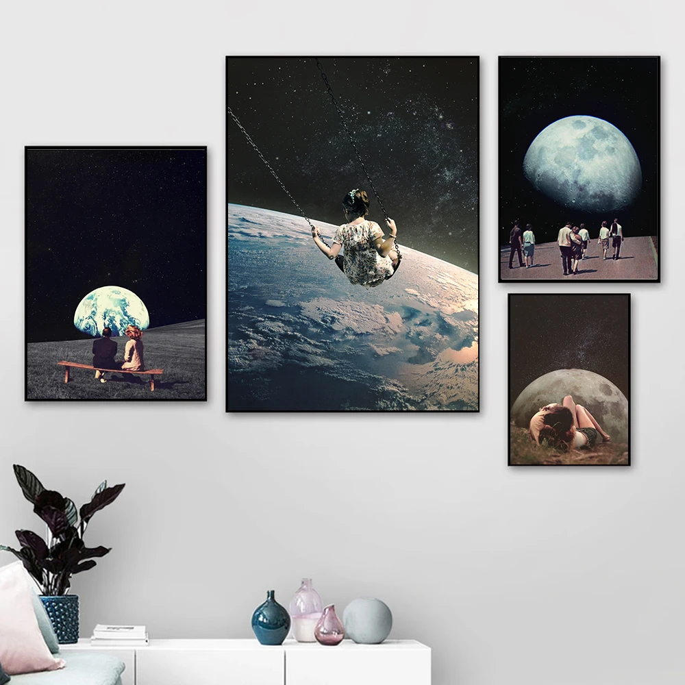 

Night Sky Art Prints Earth Canvas Posters Surrealism Galaxy Space Moon Canvas Painting Scandinavia Cosmic Wall Pictures Sci-Fi