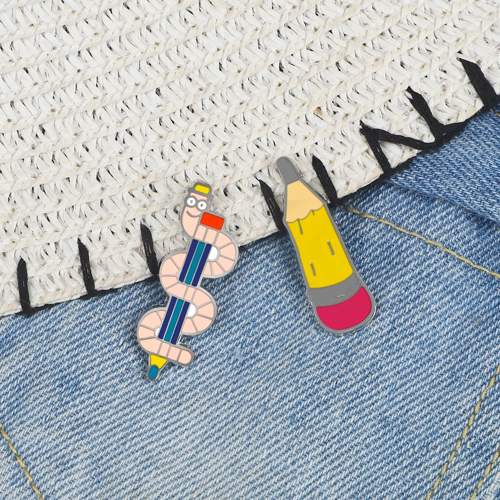 Students Stationery Enamel Pin Funny Sleepy Bug Pencil School Supplies Brooch Cute Denim Lapel Badge Jewelry Kids Friends Gifts