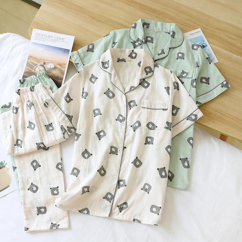 KISBINI Summer Women Men Homewear Pure Cotton Sleepwear Short Sleeves Female Pyjamas Set Bear Printed Couple Pajamas Set