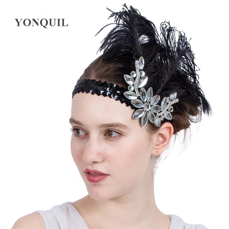 

Women Flapper Feather Fascinator Hair Bands Peacock Feathers Hair Accessories For Elegant Ladiies Womens Black Sequin Headwear