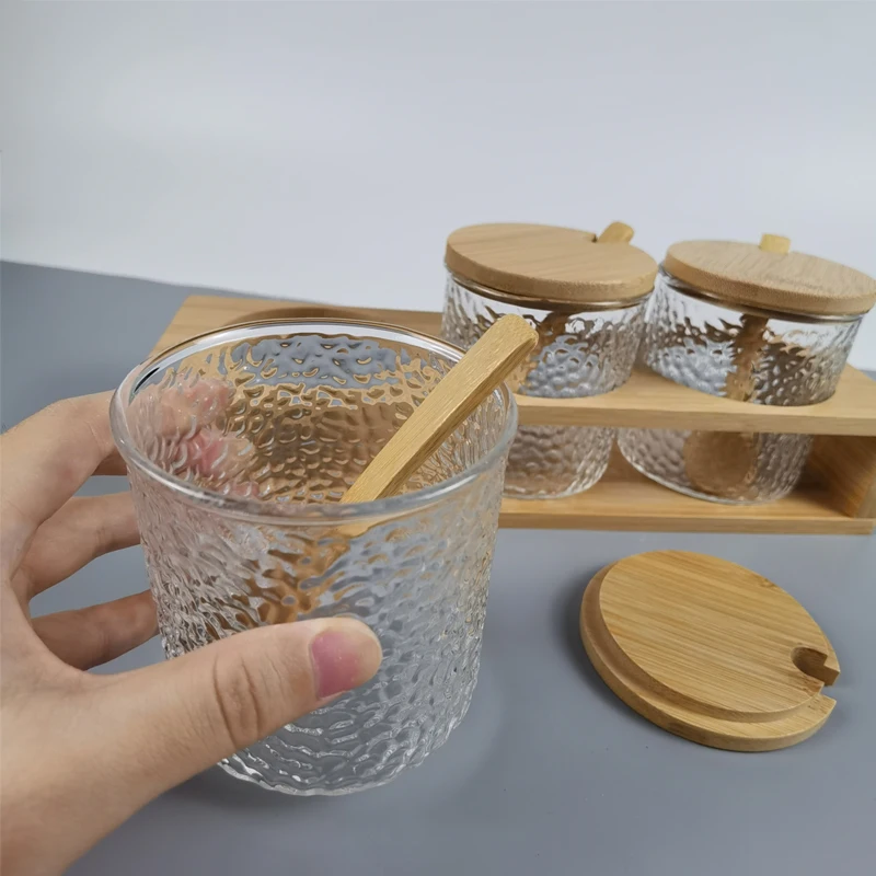 3 PCS Set Glasses Spices Jars With Spoon Bamboo Seasoning Shelf Sugar Salt Storage Bottle Organizer Tray Condiment Display Box