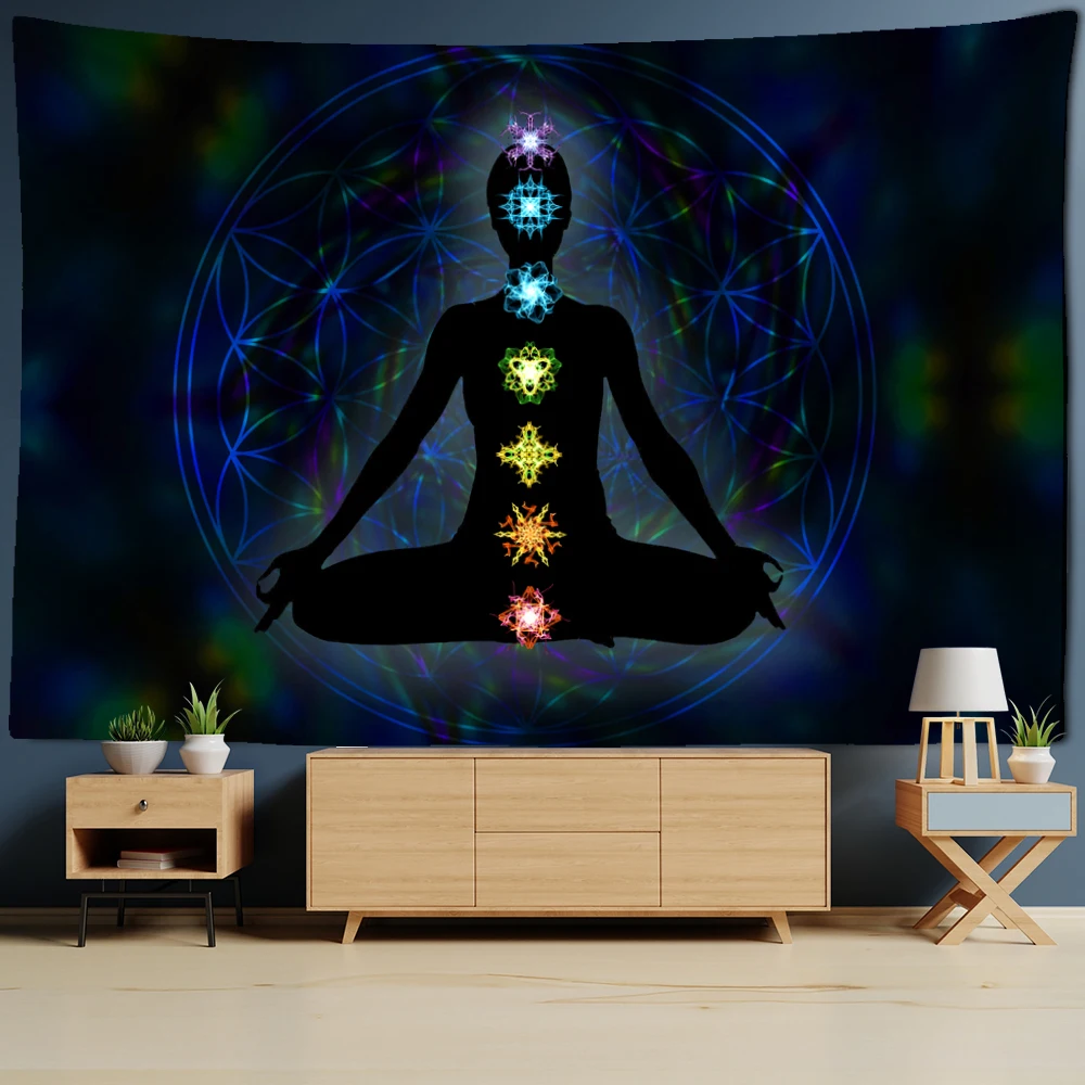 Indian Buddha Statue Meditation 7 Chakra Tapestry Wall Hanging Mandala Tapestries Wall Cloth Psychedelic Yoga Carpet Boho Decor