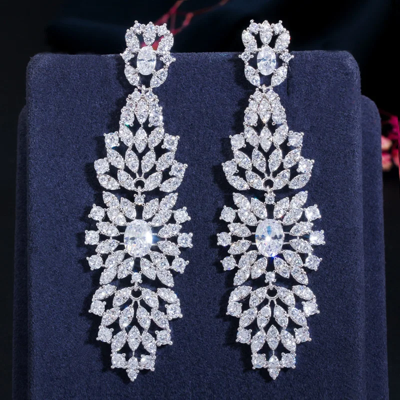 CWWZircons American European Women CZ Wedding Prom Jewelry White Cubic Zirconia Long Dangling Earrings for Brides Party CZ655