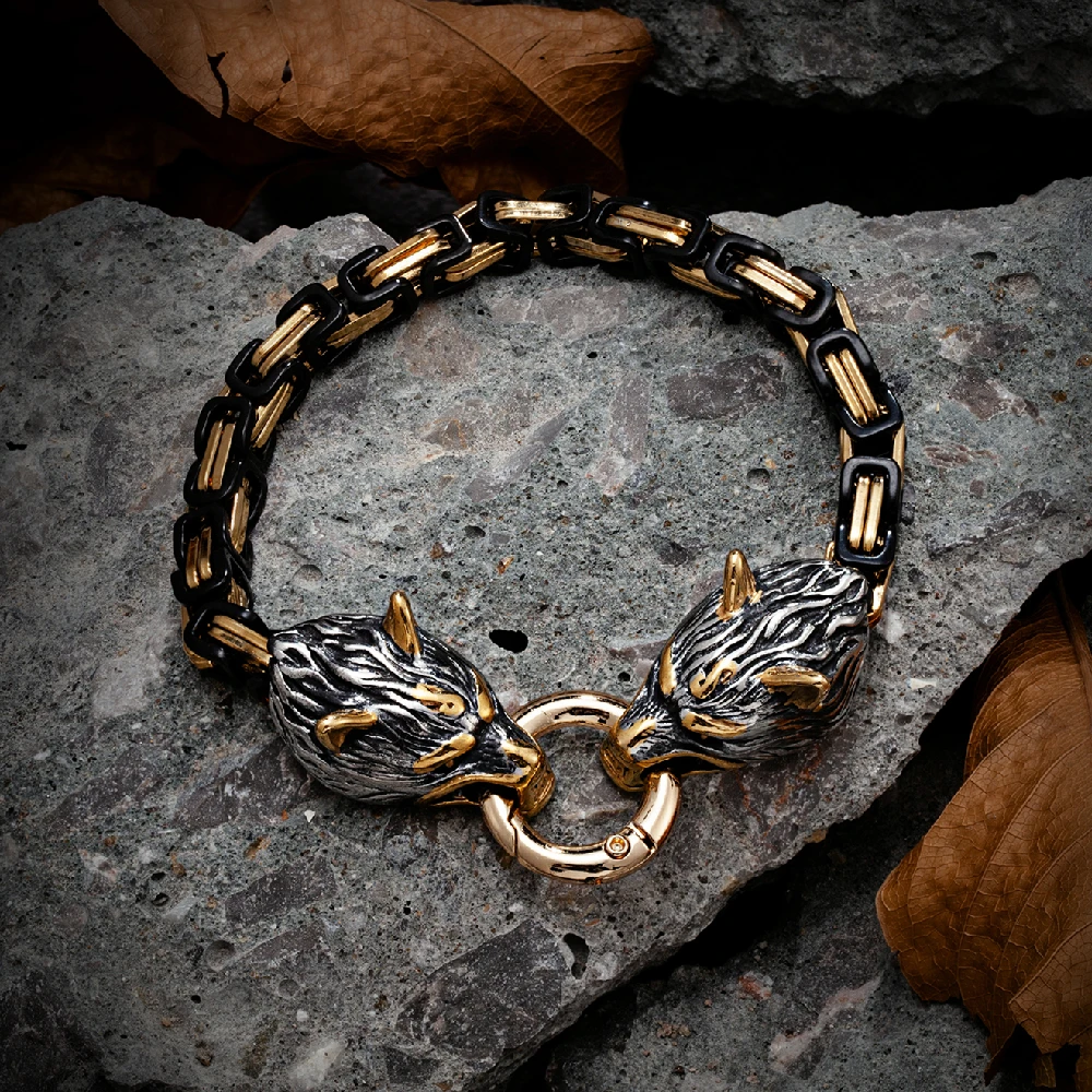 Norse Runes Celtic Wolf Bracelet Men Gold Color Stainless Steel Vikings Wolf Head Bangle Punk King Chain Wristband Jewelry Gift