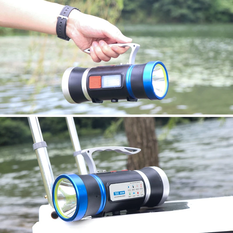 Blue White Light Portable LED Fishing Flashlight Torch with COB Long Range Outdoor Lantern Hanheld Spotlight Phone Charge