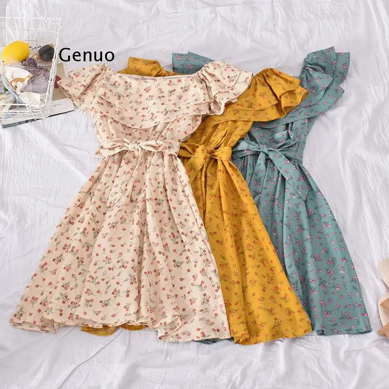 Women Floral Dress bohemian A-Line slash neck short sleeves dress summer vintage beach off shoulder Polka Dot Sundress