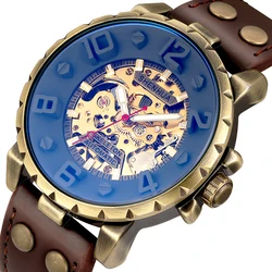 Skeleton Men Automatic Mechanical Watch Steampunk Creative Transparent Red Dial Brown Leather Male Self Winding Wrist Watches