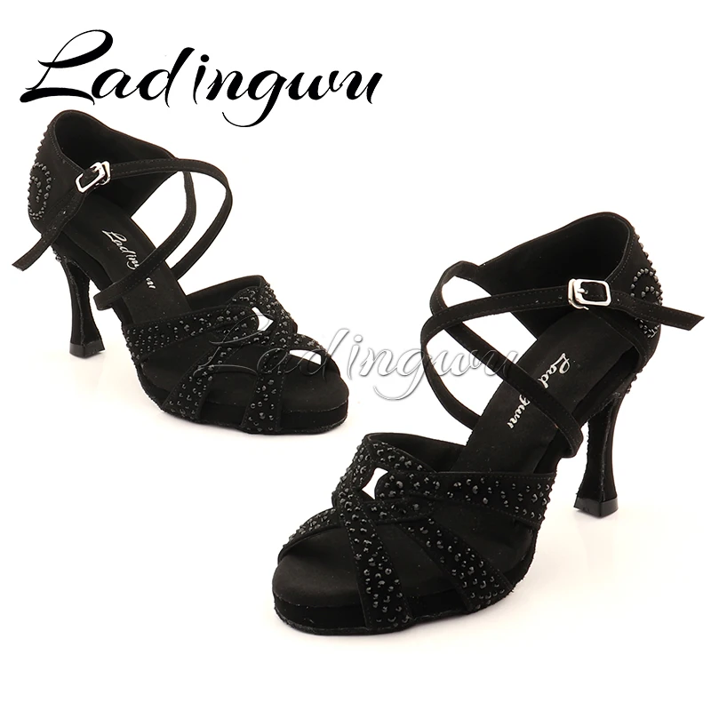 Ladingwu Black Rhinestone Dance Shoes Latin Dance Shoes Black Suede Salsa Dance Shoes Internally Increased Platform Shoes