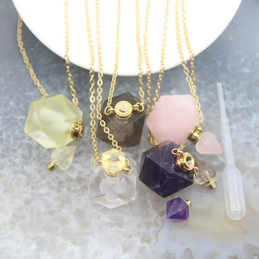 New! Faceted Nugget Perfume Bottle Pendant Necklaces,Natural Crystal Quartz Essential Oil Diffuser Vial Charms Women Jewelry