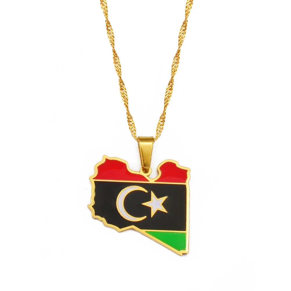 Anniyo Libya Map Flag Pendant Necklace for Women Men Gold Color Jewelry Libya Country Map #244121