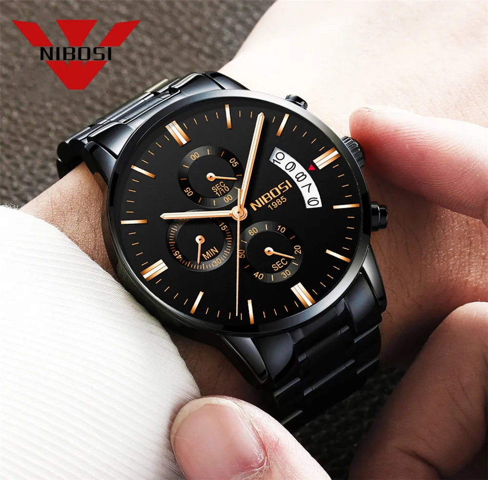 NIBOSI-homens de aço inoxidável impermeável cronógrafo relógios de pulso, relógio quartzo, relógios esportivos, marca top, moda luxo